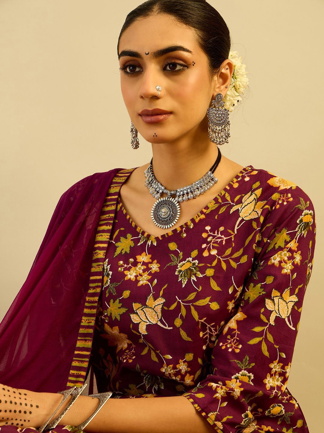 Floral Printed V-Neck Pure Cotton Straight Kurta With Trousers & Dupatta