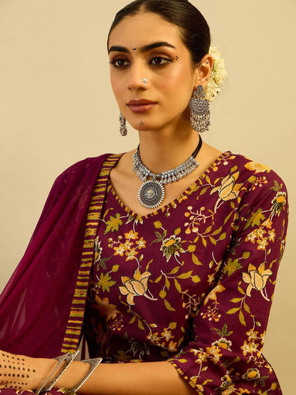 Floral Printed V-Neck Pure Cotton Straight Kurta With Trousers & Dupatta