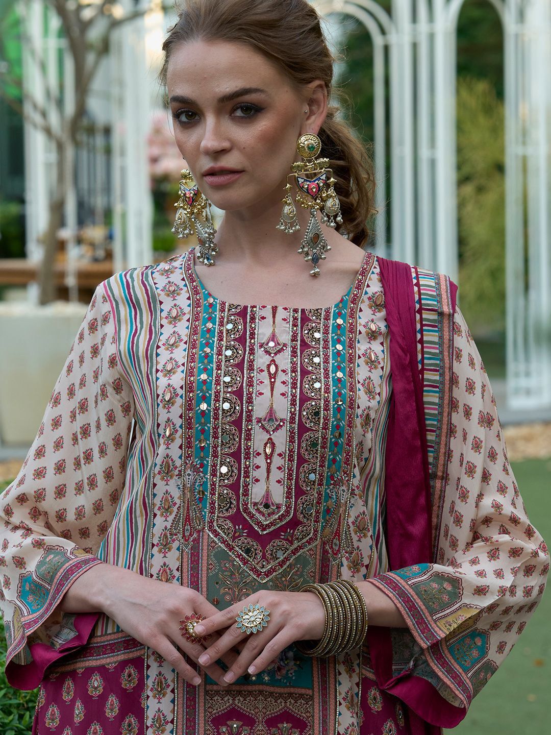 Floral Printed Mirror Work Liva A-Line Kurta with Palazzos & Dupatta