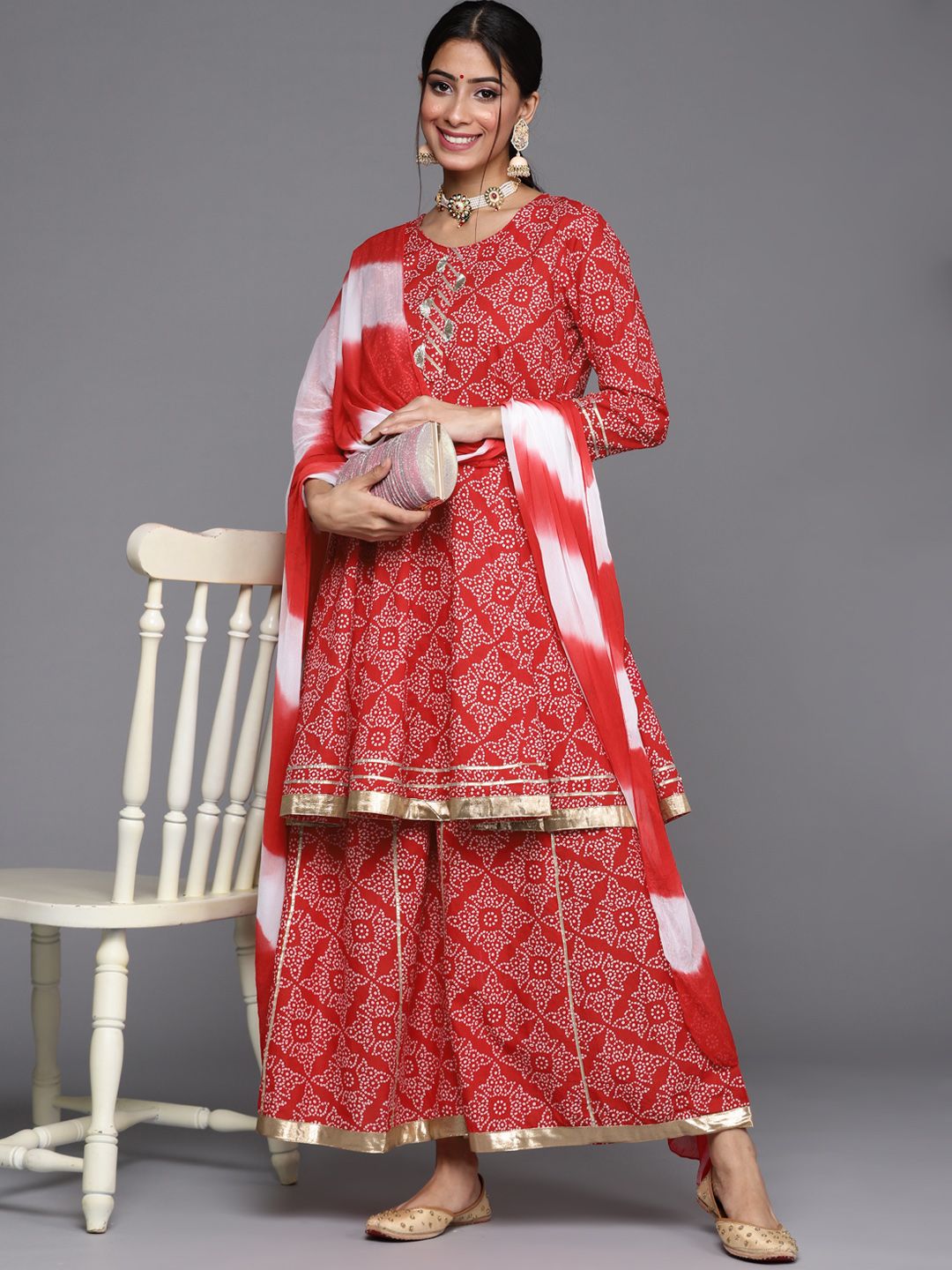 Dhiyona VA Women's Red & White Bandhani Printed Anarkali Kurta with Sharara & With Dupatta
