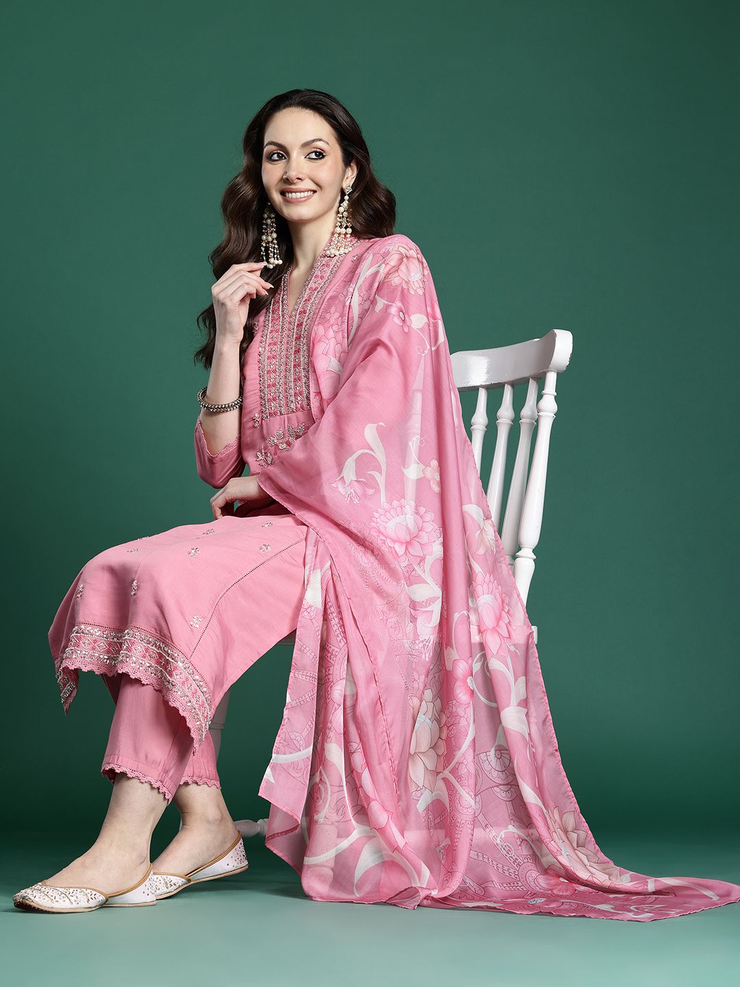 Floral Embroidered Kurta with Trousers & Dupatta