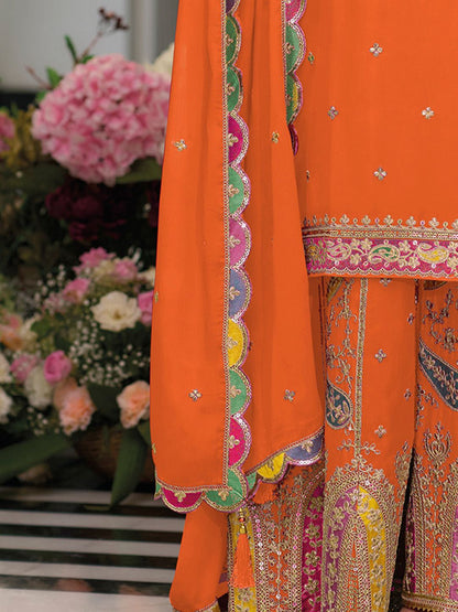 Dhiyona IE Floral Embroidered Sequinned Chinon Straight Kurta With Palazzos & Dupatta