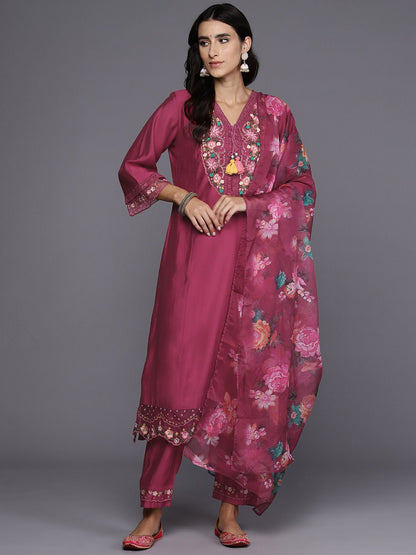 Women Floral Yoke Design Regular Thread Work Kurta with Trousers & With Dupatta