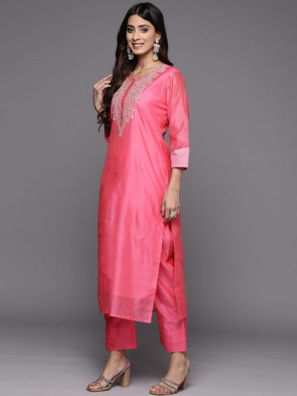 Dhiyona VA Women'sPink & Green Yoke Design Chanderi Silk Kurta with Trousers & With Dupatta