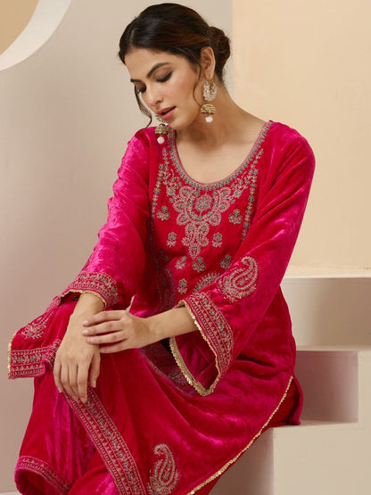 Dhiyona IS Women's Women Ethnic Motifs Embroidered Regular Thread Work Velvet Kurta with Trousers