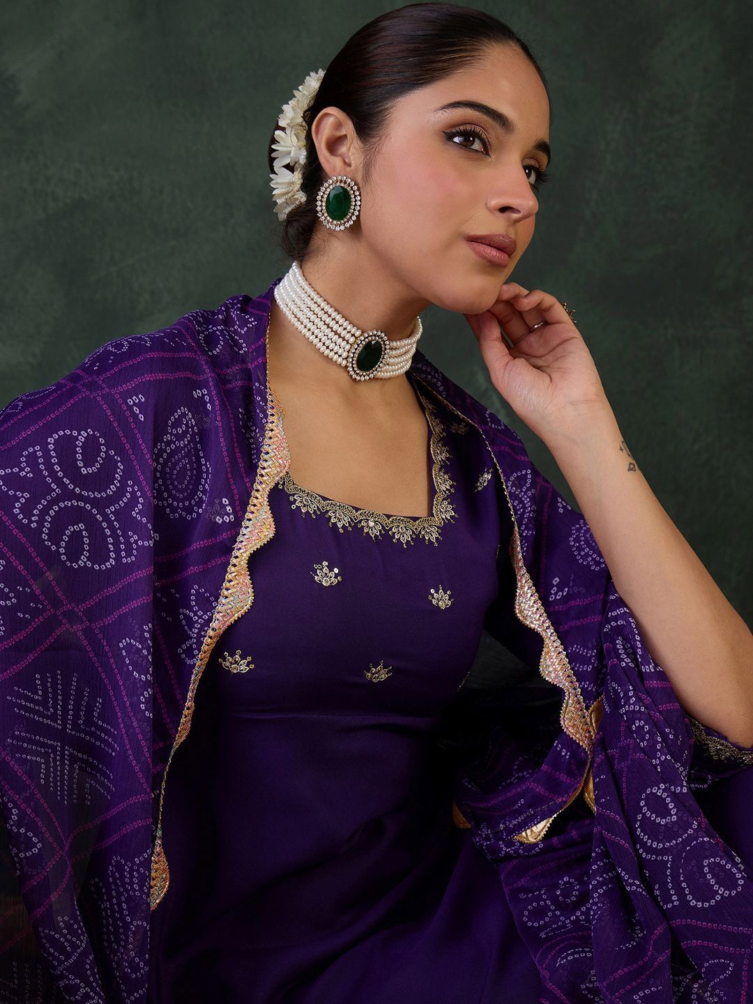 Dhiyona IE Embroidered Square Neck Anarkali Kurta With Trousers And Dupatta