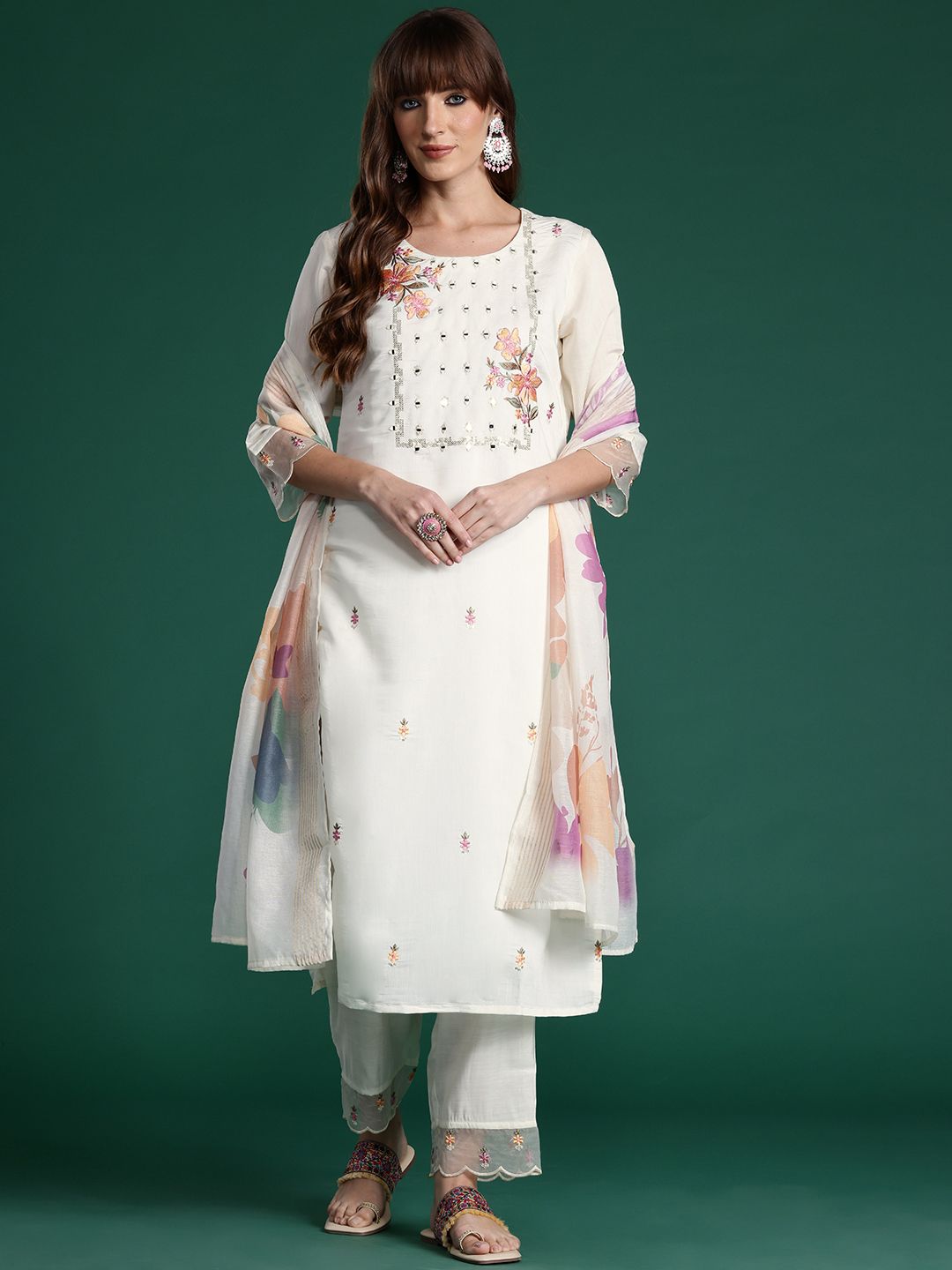 Floral Embroidered Mirror Work Chanderi Silk Kurta With Trousers & Dupatta