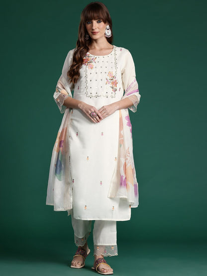Floral Embroidered Mirror Work Chanderi Silk Kurta With Trousers & Dupatta