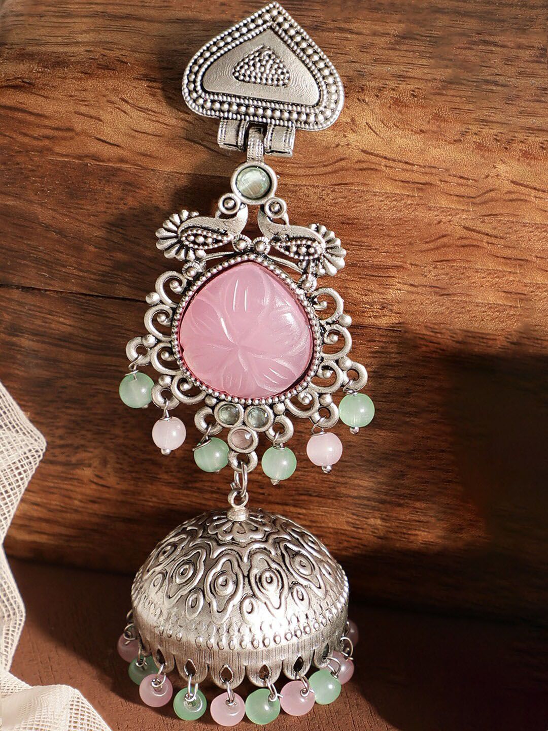 Dhiyona RJ Women's Silver-Plated Oxidised Jhumka Earrings with Pastel Pink Gemstone & Mint Green Beads