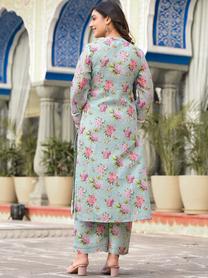 Dhiyona VA Women'sFloral Printed Long sleeves Calf Length Straight Kurta With Trouser