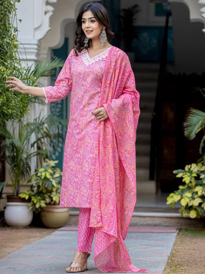 Dhiyona VA Women'sPaisley Printed Regular Thread Work Kurta with Trouser & Dupatta