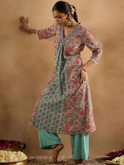 Dhiyona IE Paisley Printed V-Neck Pure Cotton A-Line Kurta