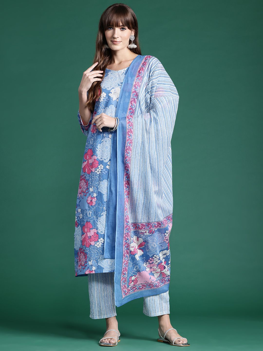 Dhiyona IE Floral Printed Pure Cotton Kurta With Trousers & Dupatta