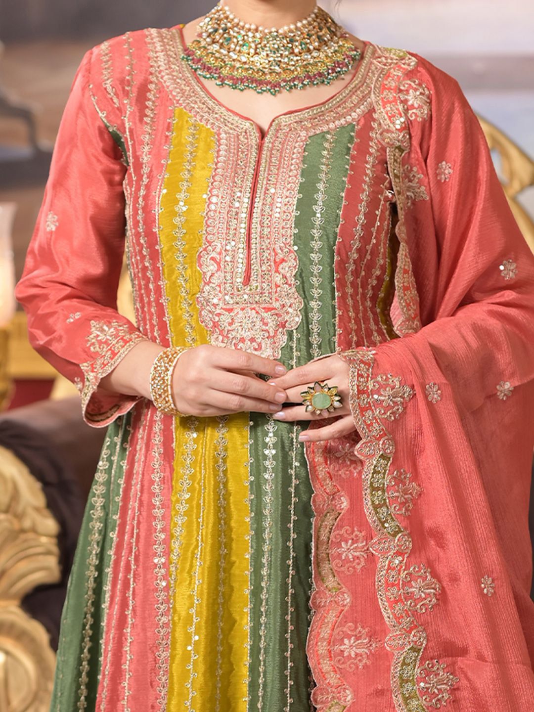 Dhiyona IE Ethnic Motifs Embroidered Panelled Sequinned A-Line Kurta With Palazzos & Dupatta