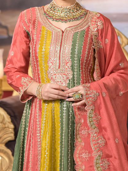 Dhiyona IE Ethnic Motifs Embroidered Panelled Sequinned A-Line Kurta With Palazzos & Dupatta