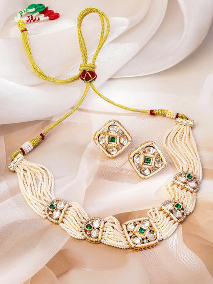 Dhiyona RJ Women's 22K Gold-Plated Polki & Emerald Cubic Zirconia Studed White Pearl Beaded Choker Set