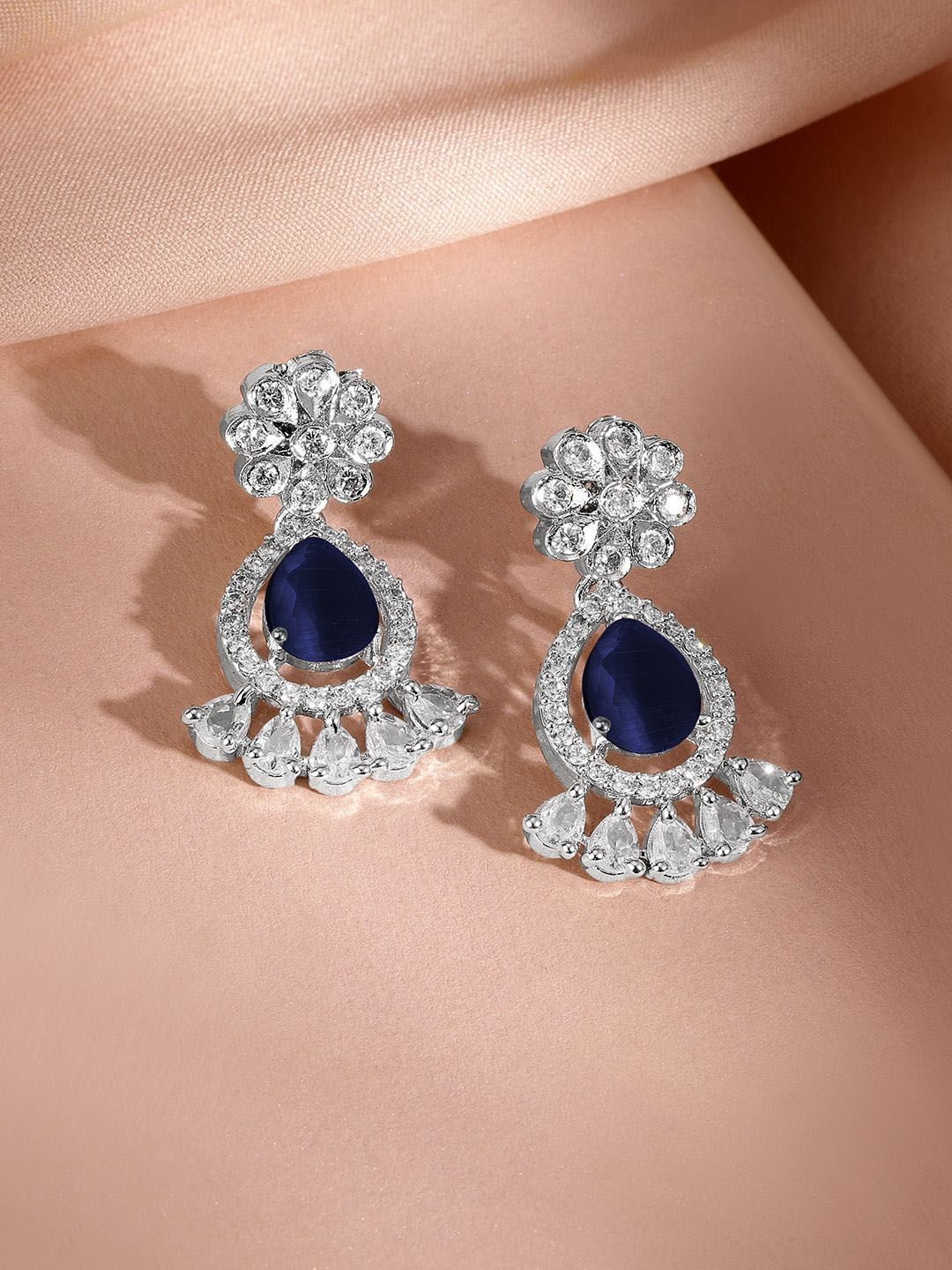 Dhiyona RJ Women's Rhodium-Plated Navy Blue AD & Cubic Zirconia Studded Necklace Set