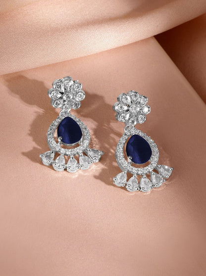 Dhiyona RJ Women's Rhodium-Plated Navy Blue AD & Cubic Zirconia Studded Necklace Set