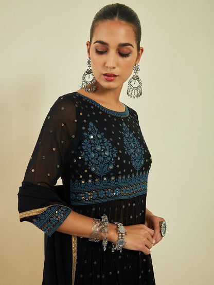 Dhiyona SO Women's Ethnic Motifs Embroidered Sequinned A-line Kurta with Trousers & With Dupatta