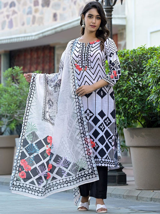 Dhiyona VA Women'sGeometric Printed Straight Kurta With Trousers & Dupatta