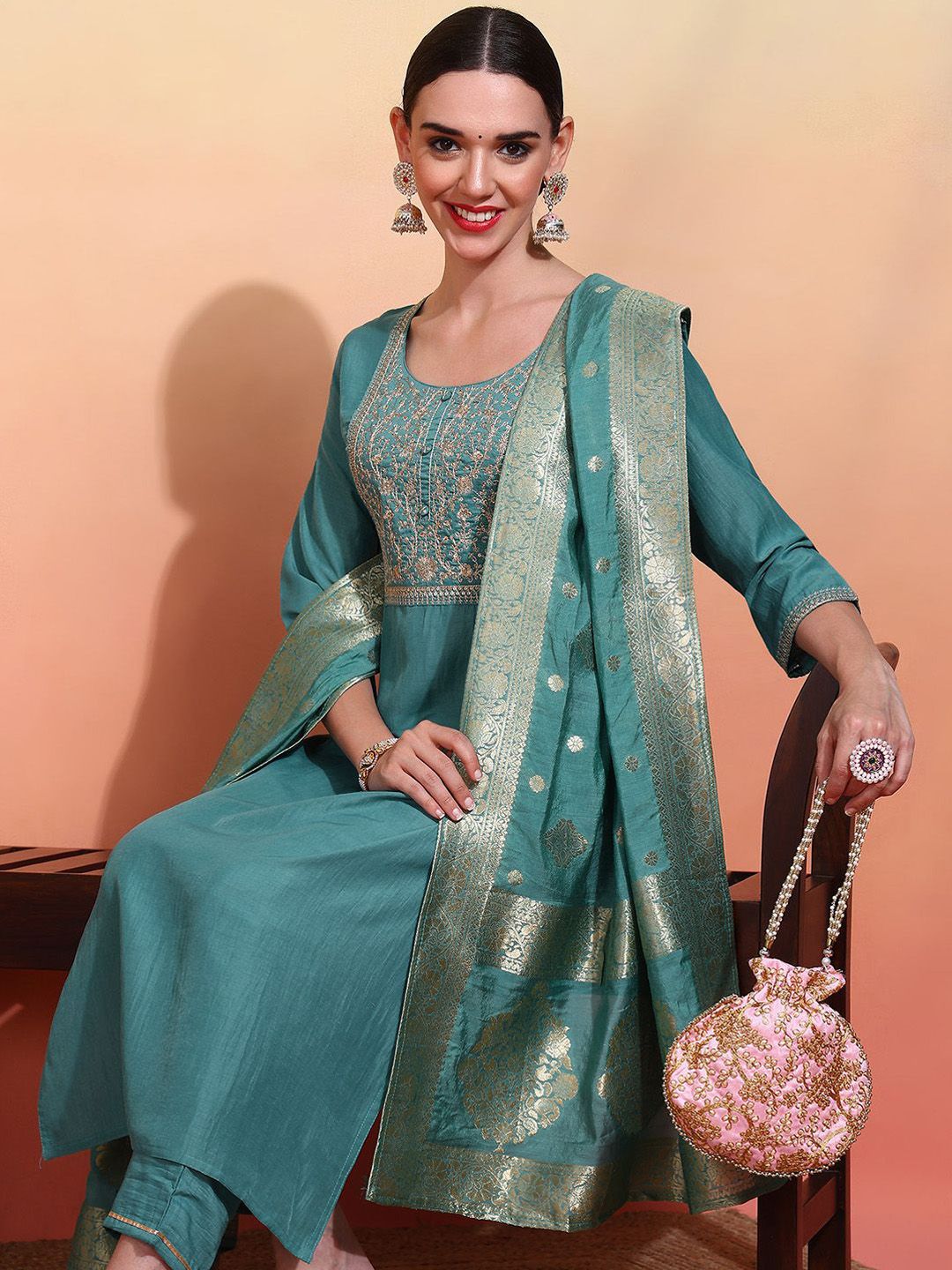 Dhiyona OD  Women Embroidered Regular Kurta with Trousers & With Dupatta