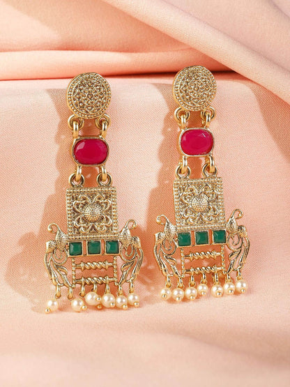 Dhiyona RJ Women's 22K Gold Plated Ruby & Emerald Studded & Pearl Beads Peacock Motif Dangle Earrings