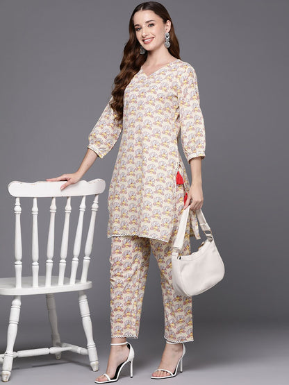 Dhiyona IE Women Printed Regular Pure Cotton Kurti with Trousers