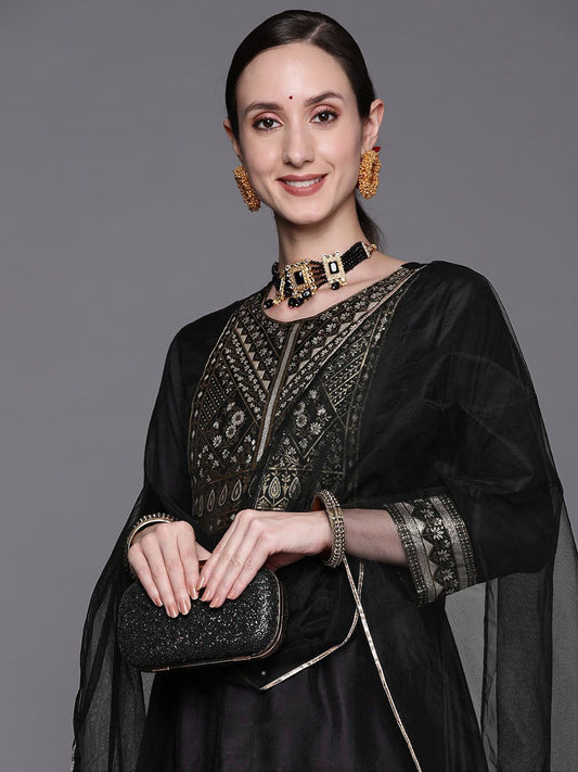 Dhiyona IE Women Black Ethnic Motifs Yoke Design Kurta with Sharara & Dupatta