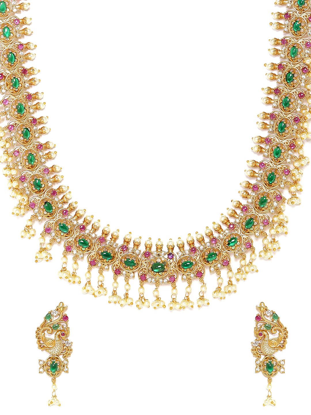 Dhiyona RJ Women's 22K Gold-Plated Green & Ruby Kundan Studed Handcrafted Necklace Set with Pearl Bead