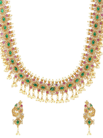 Dhiyona RJ Women's 22K Gold-Plated Green & Ruby Kundan Studed Handcrafted Necklace Set with Pearl Bead