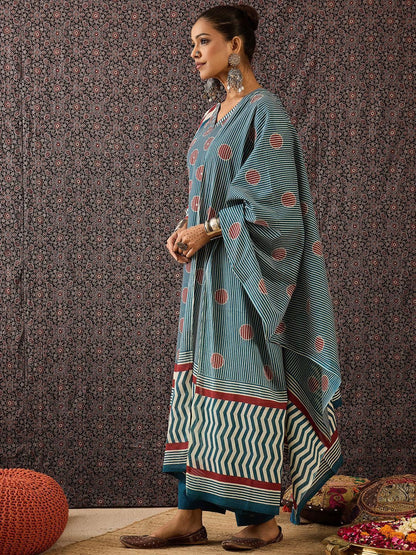 Women Printed Regular Pure Cotton Kurta with Trousers & With Dupatta