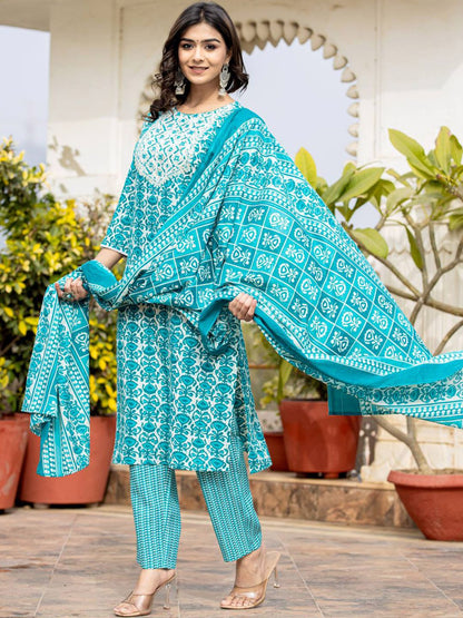 Dhiyona VA Women's Ethnic Motifs Printed Kurta with Mirror Work, Printed Trousers, and Dupatta