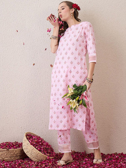 Dhiyona IE Floral Printed Round Neck Pure Cotton Straight Kurta With Trouser