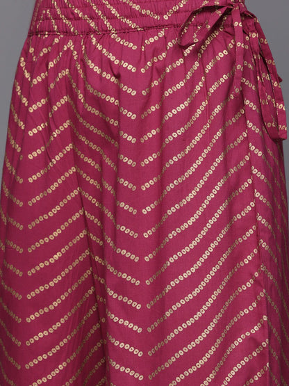 Dhiyona VA Women's Fuchsia Pink & Golden Floral Print Cotton Kurta with Palazzos & Dupatta