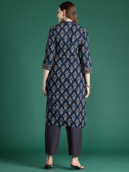 Ethnic Motifs Printed Thread Work Pure Cotton Kurta with Trousers