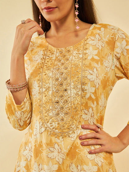 Dhiyona SO Women's Mustared Yellow & Beige Floral Printed Straight Kurta with Trousers
