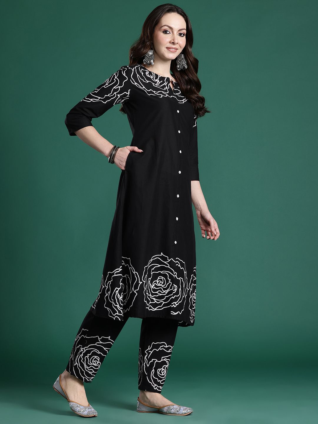 Floral Printed Mirror Work Pure Cotton Kurta with Trousers