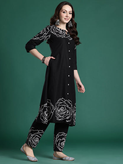 Floral Printed Mirror Work Pure Cotton Kurta with Trousers