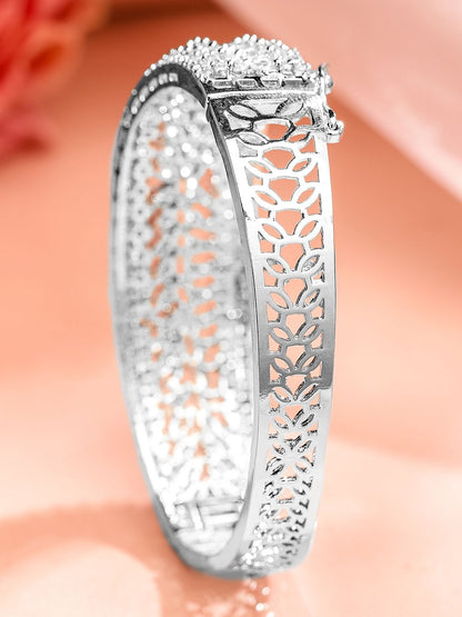 Dhiyona RJ Women's Rhodium-Plated White Cubic Zirconia Studded Openable Bracelet with Classic Design