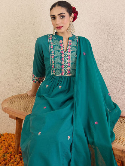 Floral Embroidered Thread Work Pure Cotton Kurta with Trousers & Dupatta