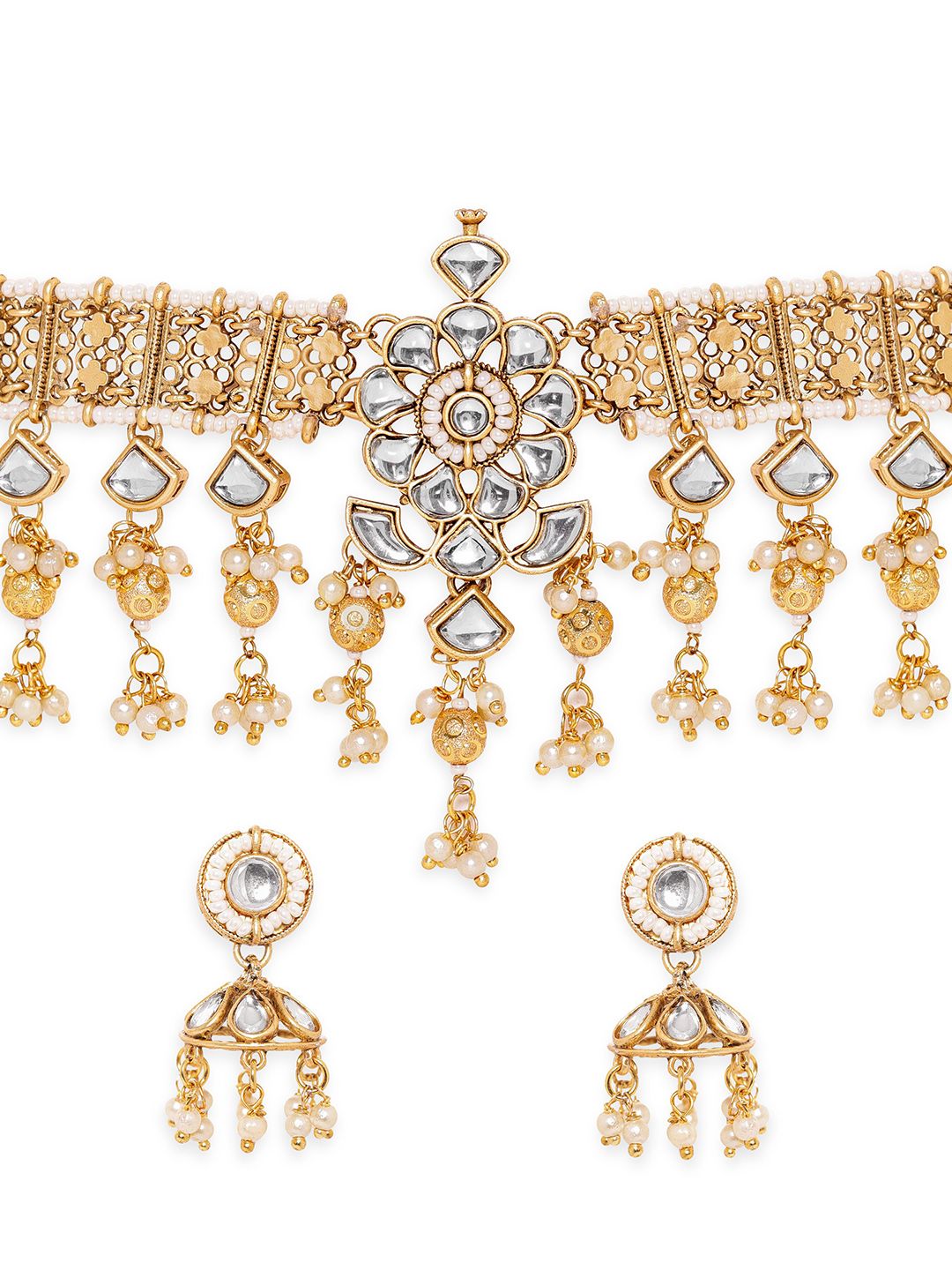 Dhiyona RJ Women's 22K Gold-Plated White Kundan Studded & Pearl Beaded Handcrafted Choker JewellerySet