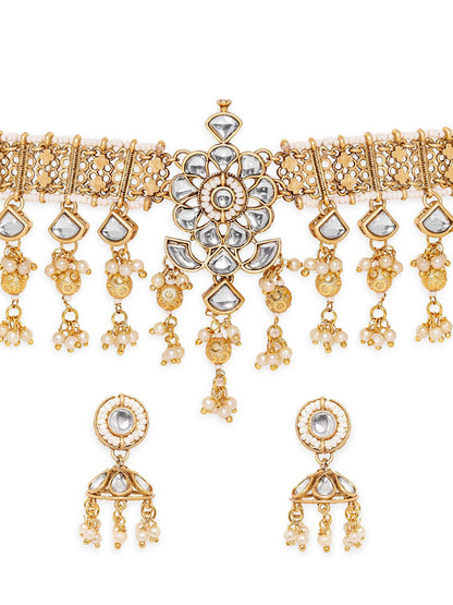 Dhiyona RJ Women's 22K Gold-Plated White Kundan Studded & Pearl Beaded Handcrafted Choker JewellerySet