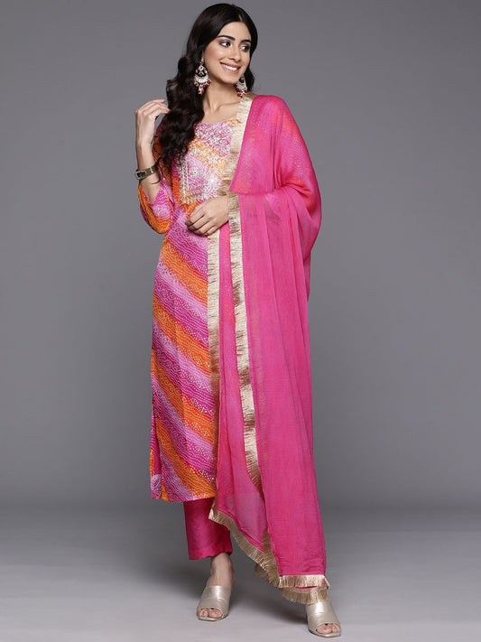 Dhiyona VA Women'sBandhani Printed Thread Work Straight Kurta With Trousers & Dupatta