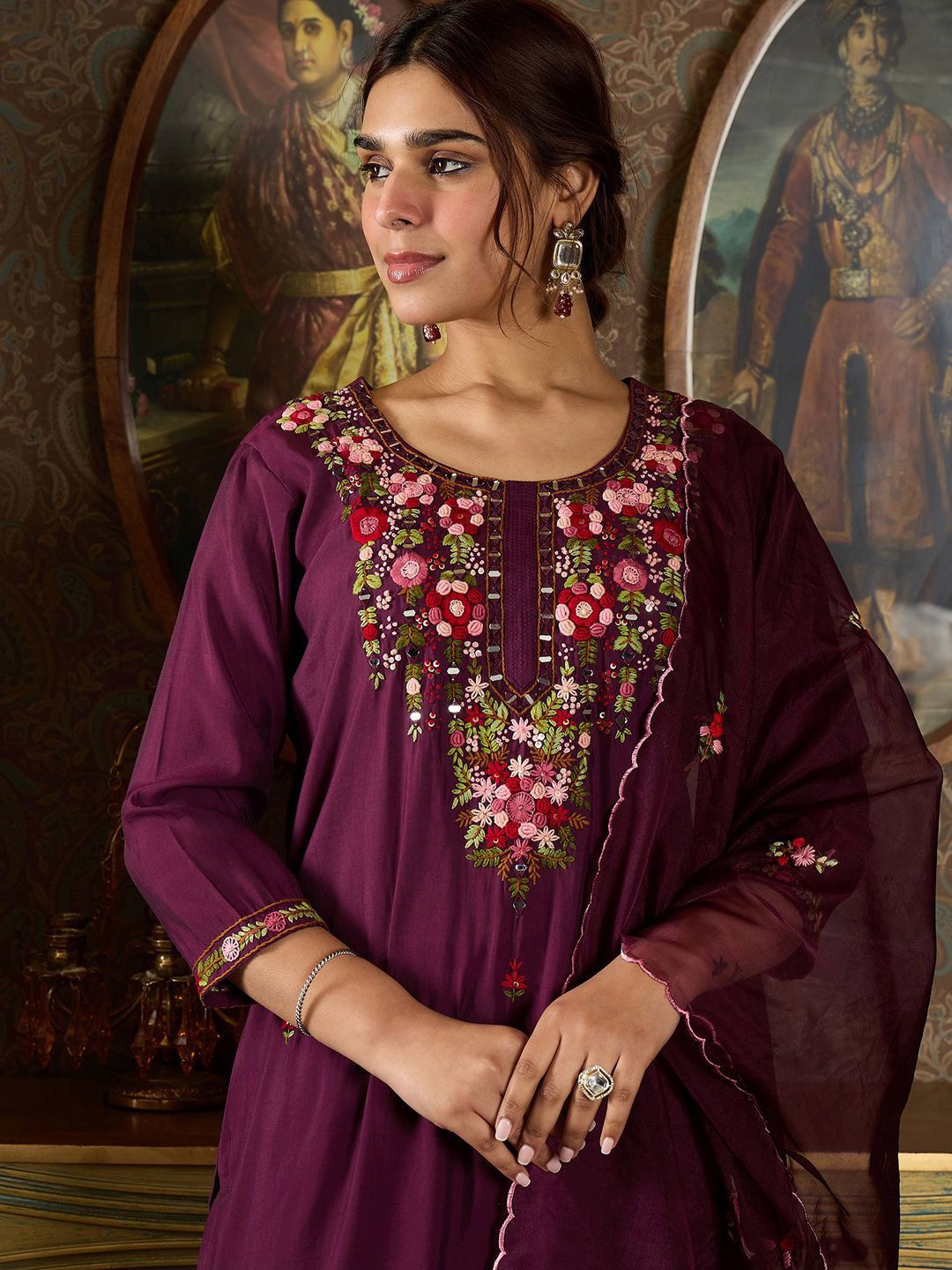 Dhiyona IE Floral Embroidered Kurta With Trousers & Dupatta