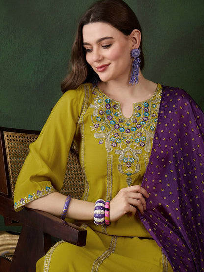 Dhiyona SN Women's Mustard Floral Embroidered Sequinned A-Line Kurta With Trouser And Dupatta