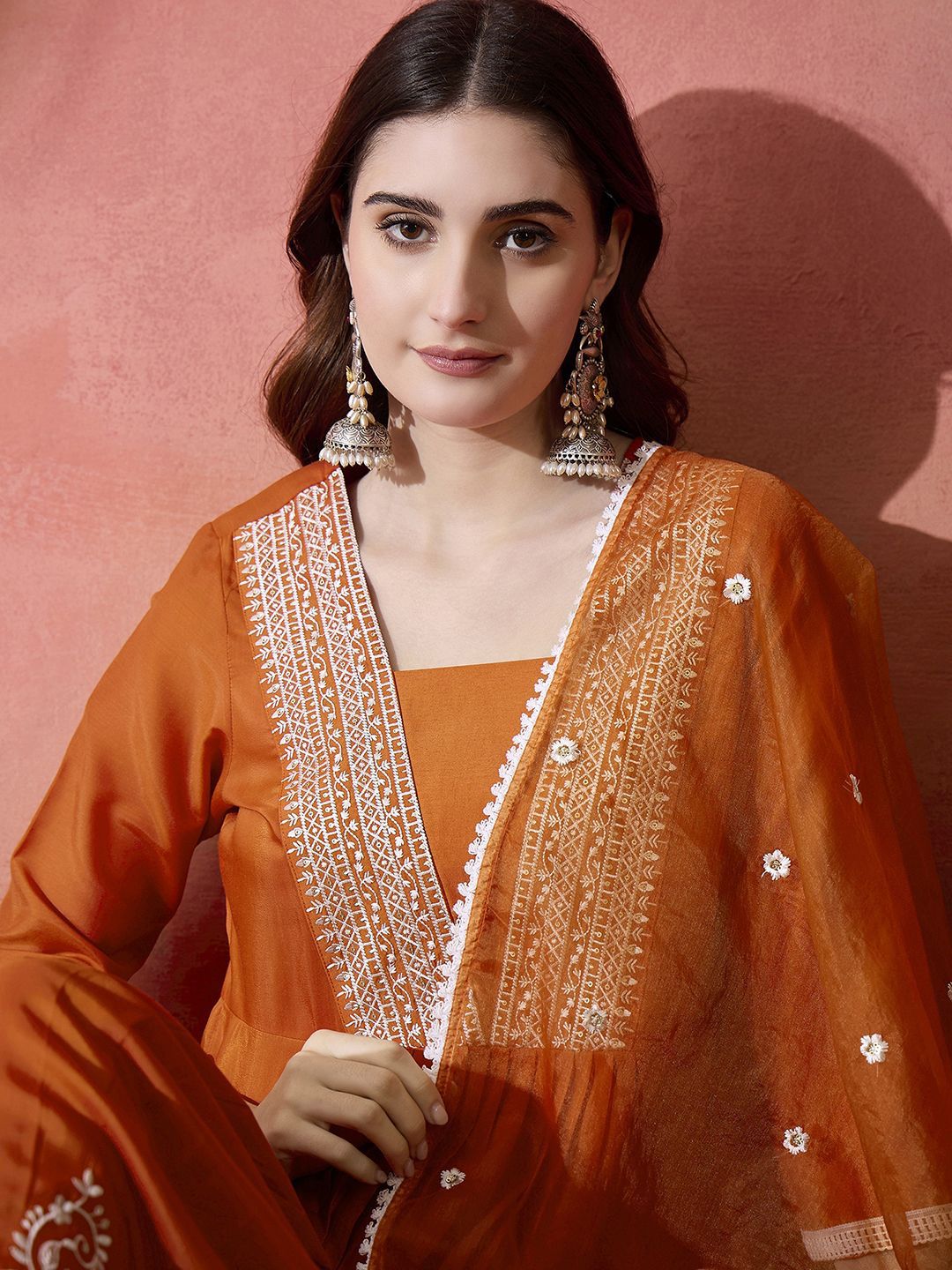 Dhiyona SN Women's Orange Floral Embroidered Pleated Thread Work A-Line Kurta With Trouser & Dupatta