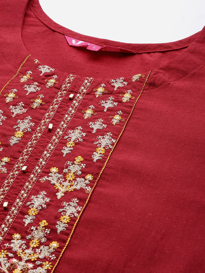 Dhiyona VA Women's Maroon & Beige Floral Embroidered Thread Work Kurta with Trousers & Dupatta