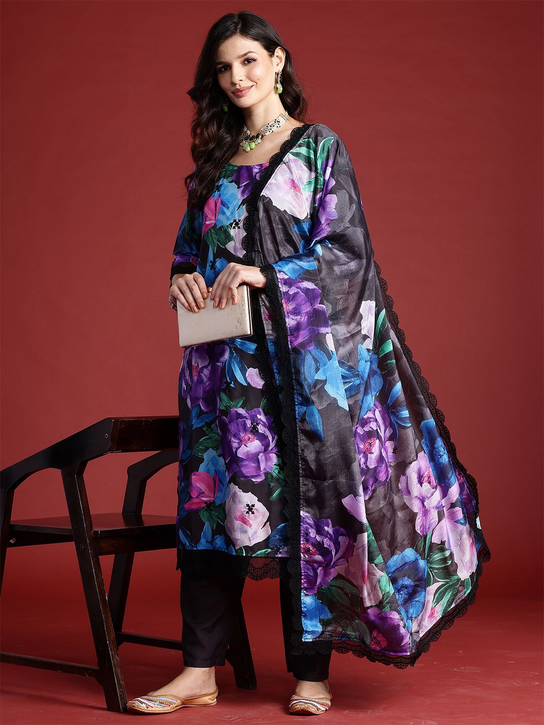 Floral Printed Sequinned Kurta With Trousers & Dupatta