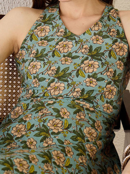 Floral Printed V-Neck Pure Cotton A-Line Kurta With Trouser