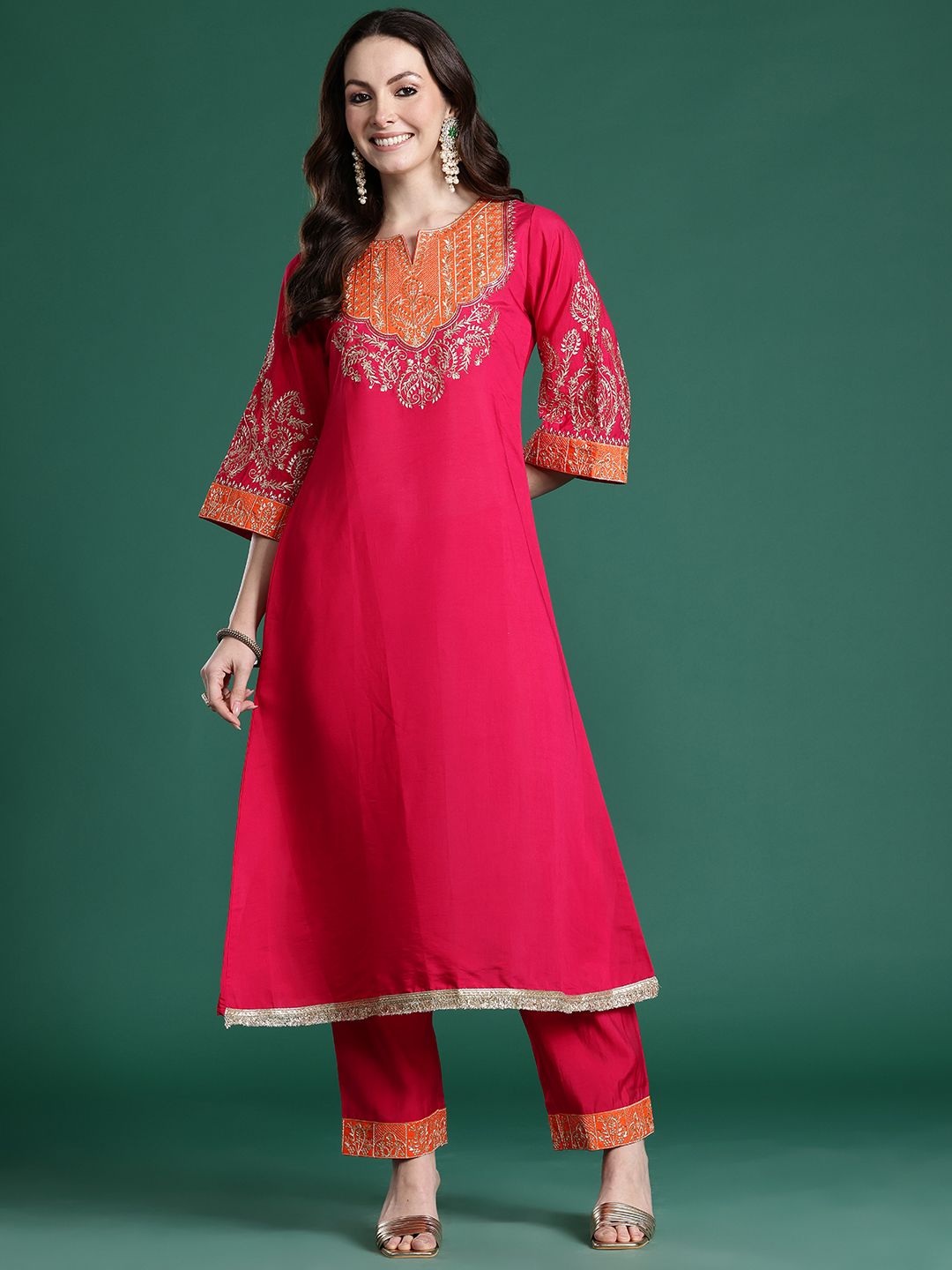 Dhiyona IE Ethnic Motifs Embroidered Regular Kurta with Trousers